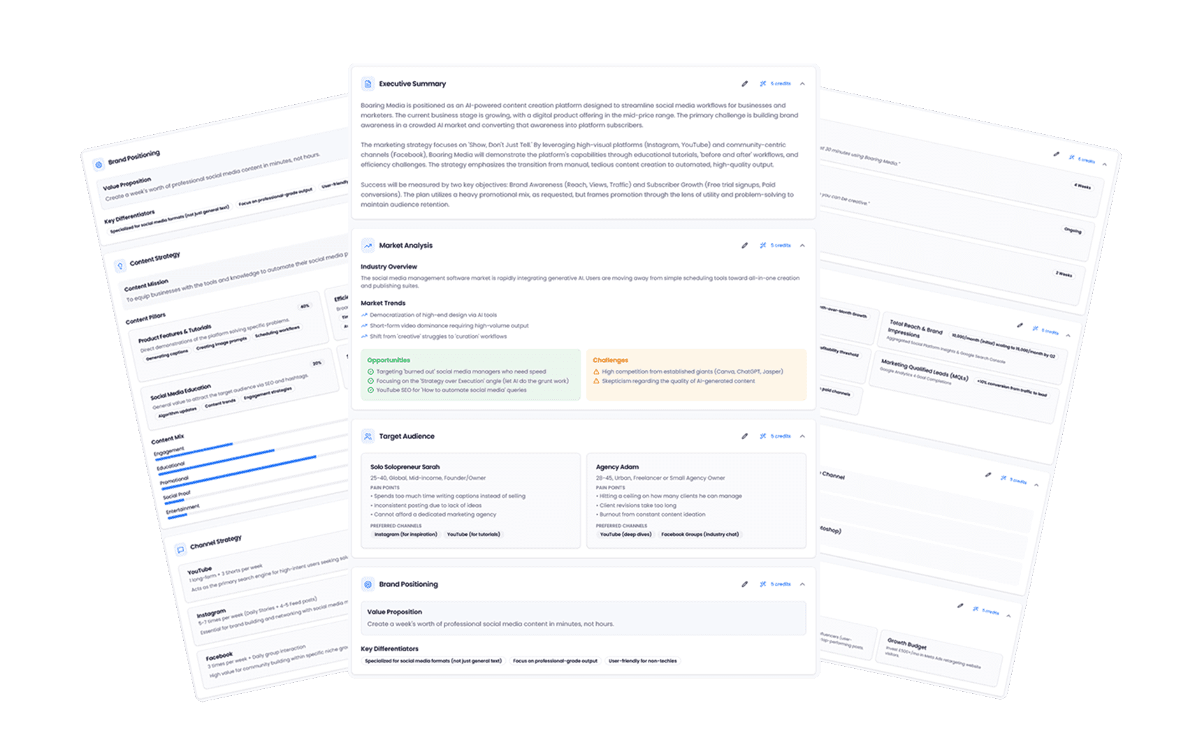 Marketing plan dashboard interface showing strategy and calendar